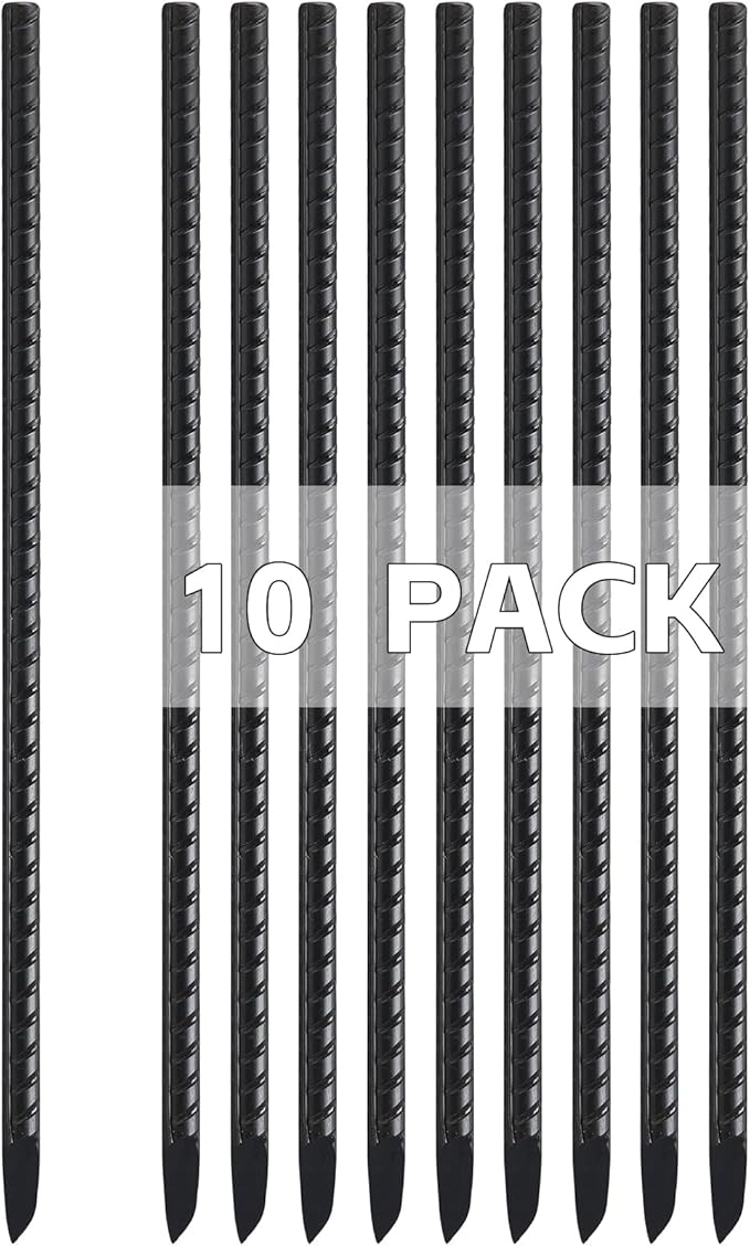 Rebar Stakes 16 Inch, 10 Pack Ground Stakes Heavy Duty with Chisel Point, Straight Metal Stakes for Concrete Form, Landscaping, Camping Tent or Timber, Black