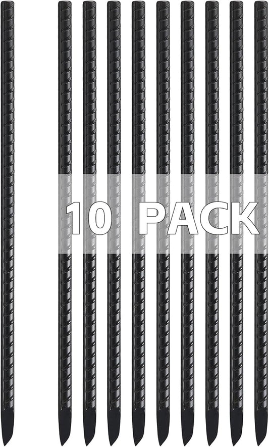 Rebar Stakes 16 Inch, 10 Pack Ground Stakes Heavy Duty with Chisel Point, Straight Metal Stakes for Concrete Form, Landscaping, Camping Tent or Timber, Black
