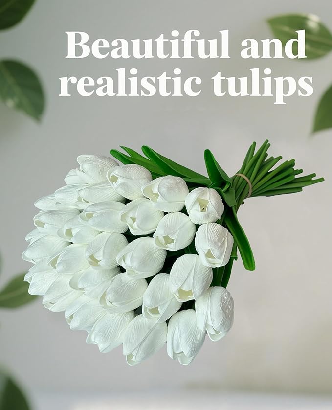 15pcs White Tulips PU Artificial Flowers Real Touch Fake Tulips for Spring Easter Home Kitchen Wedding Bouquet Bulk Mother's Gift Day Decorations