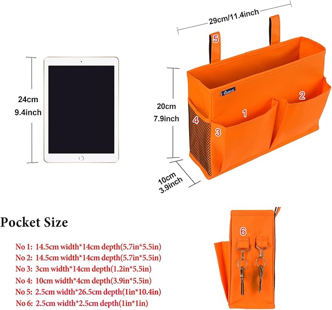 Surblue Caddy Hanging Organizer Bedside Storage Bag for Bunk and Hospital Beds, Orange, Small