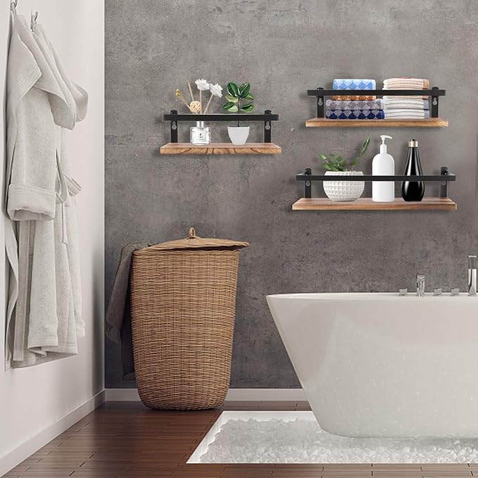 Floating Shelves Rustic Wood Wall Mounted Shelf Practical Metal Fence Design Ideal for Bedroom, Bathroom, Kitchen Set of 3(Carbonized Black)