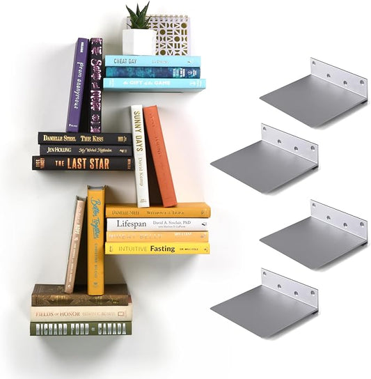 Floating Invisible Bookshelf Wall Mounted (Set of 4) - Aluminum - Turn Books into Floating Shelves