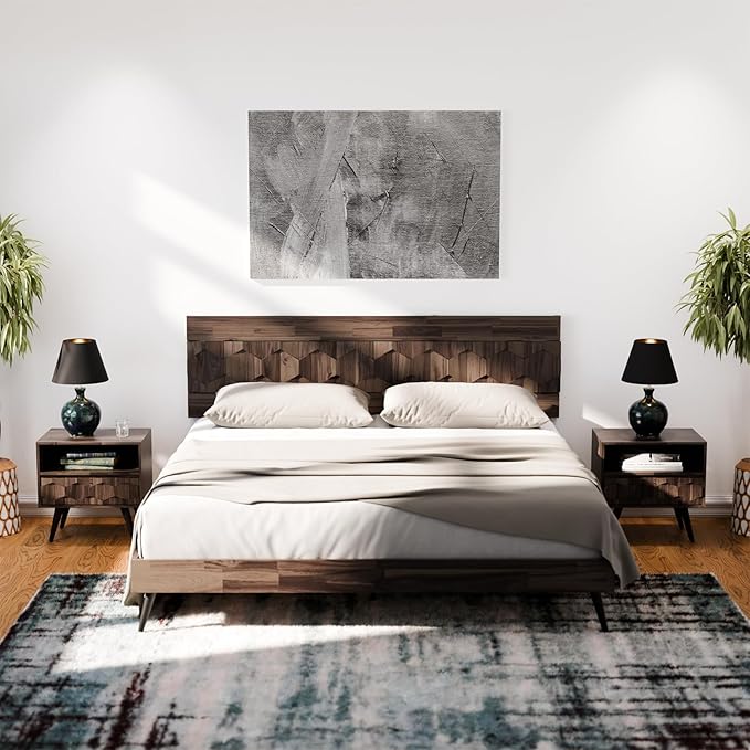 Bme Georgina Solid Wood Nightstand with 1 Drawer & Open Shelf- Fully Assembled Mid Century Modern Side Table - Geometric Pattern Bedside Dresser for Bedroom and Living Room, Mocha