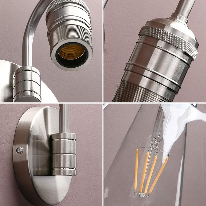 Yosoan 1-Light Brass Modern Vintage Indoor Wall Sconce, Vanity Single Luxury Hardwired Retro Textured Clear Oval Cone Glass Shade with Industrial Gooseneck Curved Rod Bathroom Lamp(Brushed)