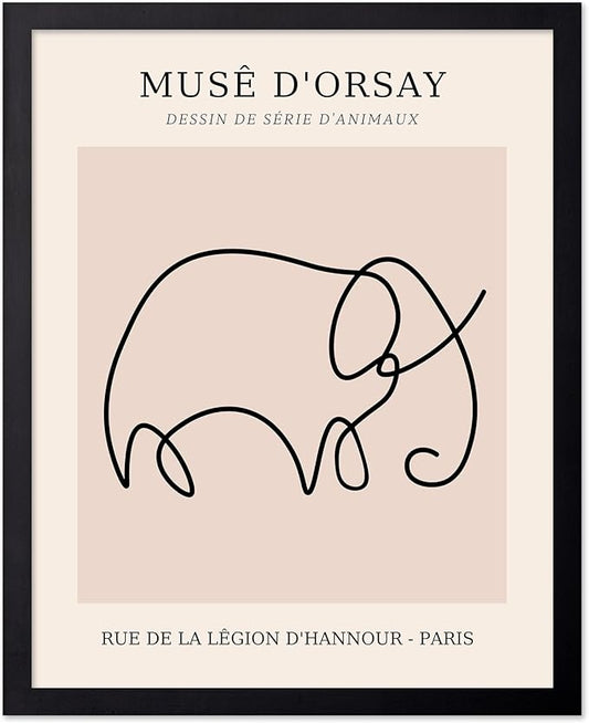 Poster Master Vintage Poster - Retro One Line Elephant Drawing Print - Elephant Art - Minimal Gift for Men, Women, Animal Lover - Abstract Wall Decor for Home, Office, 11x14 Black Framed
