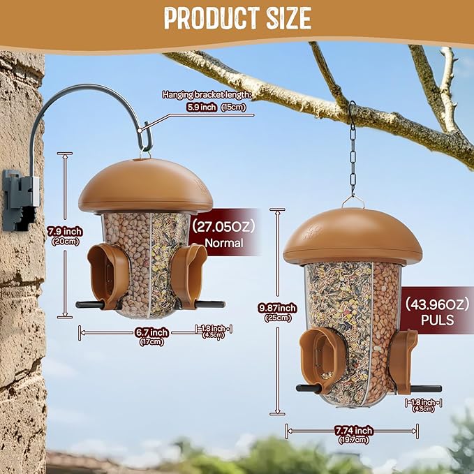 LONA Bird Feeders for Outdoors Hanging – 3 Separate Compartments, 3 Feeding Ports, Weatherproof Dome & 3 Ways to Hang, Large Capacity for Cardinals/Finches (Brown，Plus