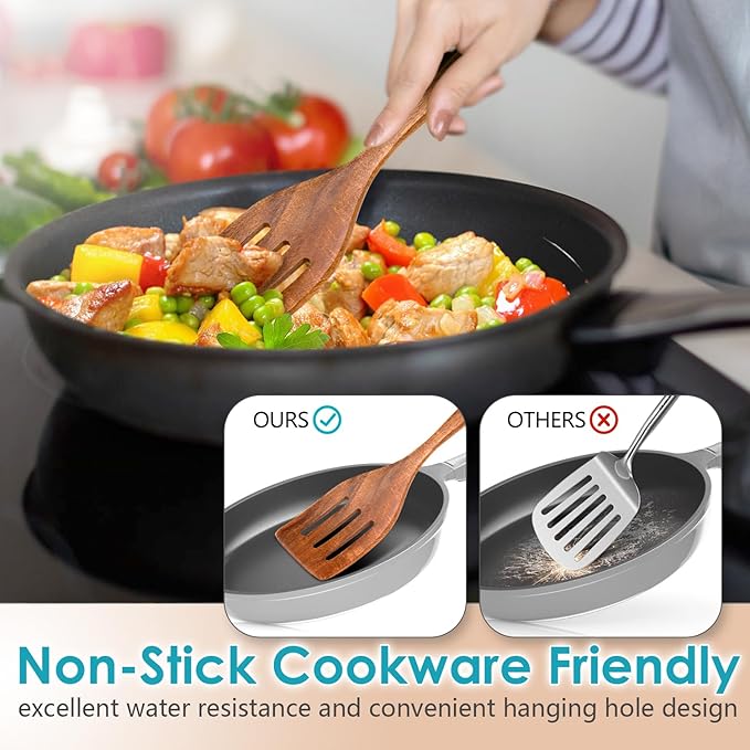 Wooden Spoons for Cooking, Acacia Wood Cooking Utensils Set – 11 Piece Wooden Kitchen Tools with Holder, Spoon Rest, Nonstick Cookware Safe by HOWHONG