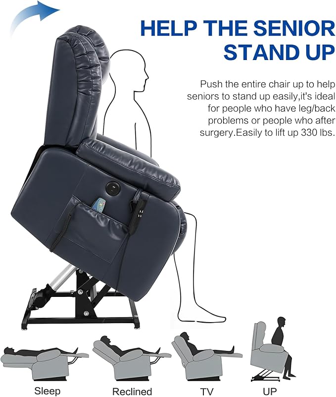 MAEVIS Power Recliner Chair, Lay Flat Sleeping Lift Chairs Recliner for Elderly with Heat and Massage,Comfy Real Breathable Leather Recliners with Dual OKIN Motor for Living Room (Blue)
