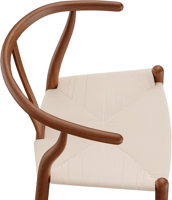 Tomile Solid Wood Wishbone Chair Y Chair Mid-Century Armrest Dining Chair, Hemp Seat (Ash Walnut Color, Pack of 2)