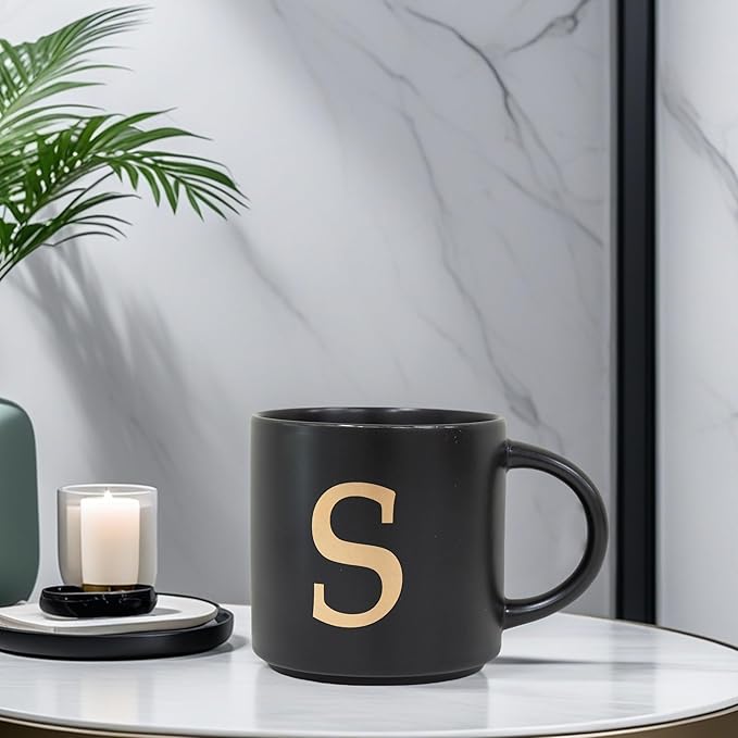 COLLECTIVE HOME - Monogram Ceramic Mugs, 15 oz Golden Initial Black Coffee Cups, Elegant Alphabet Tea Mugs, Elegant Personalized Mug with Gift Box, Unique Mug with Double Side Capital Lette (S)