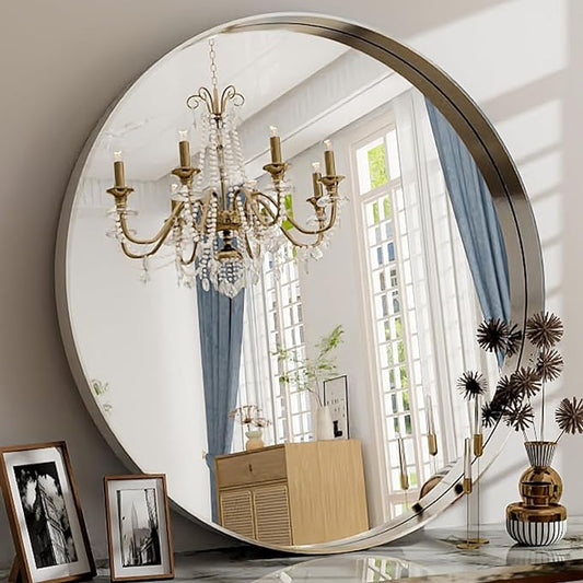 32 Inch Silver Round Bathroom Mirror - Wall Mounted Circle Mirror with Metal Frame, Modern Mirror Suitable for Bathroom, Vanity, Entryway, Living Room, Wall Decor
