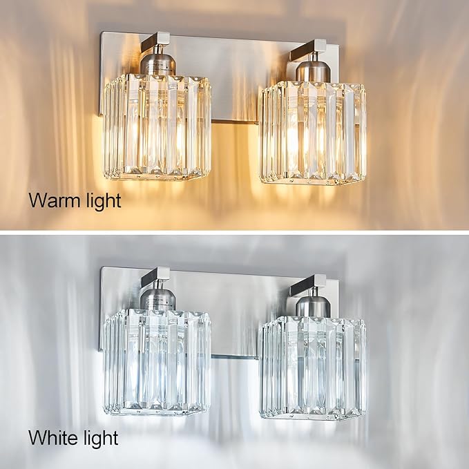 Modern Vanity Light 2-Lights Brushed Nickel Vanity Light Crystal Bathroom Wall Light Bathroom Light Fixtures