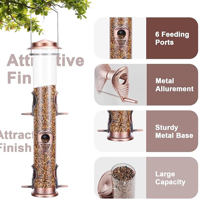 MIXXIDEA Metal Tube Bird Feeders for Outdoors - 6 Ports Hanging Feeder Attracts Wild Birds in Your Lawn, Garden, Balcony - Antique Copper - 1 Pack