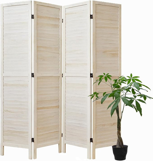 White Room Divider, Temporary Wall with Double Hinges, 5.6 Ft Tall Folding Louver Wood Screen for Home Office Bedroom Hotel Decoration (4 Panels, White-Washed)