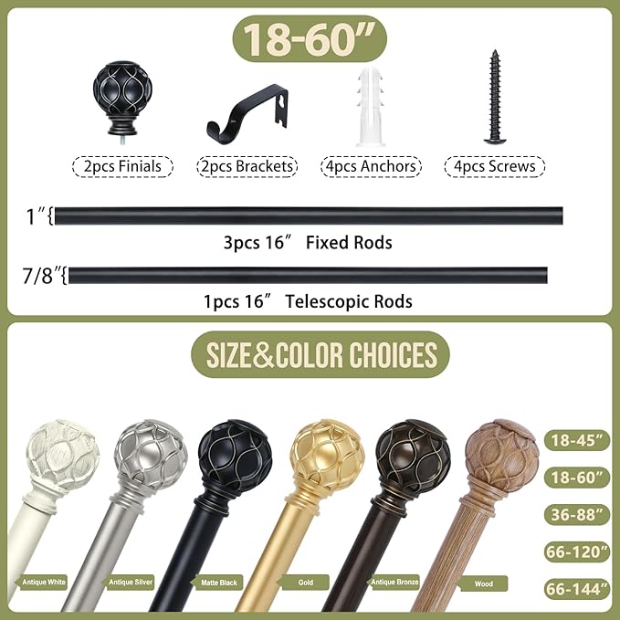 Black Adjustable Curtain Rods for Windows:18-60" Farmhouse Heavy Duty Curtain Rod for Bedroom Living Room,Boho Decorative Rustic Drapery Rods with Vintage Coastal Texture Finial,Matte Black