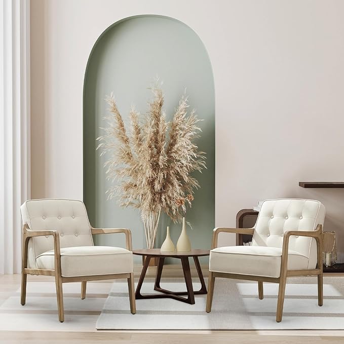 Linen Accent Chair Set of 2, Mid Century Modern Chair for Living Room, Upholstered Comfy Lounge Armchair with Solid Wood Frame, Reading Side Chair for Bedroom,105°Ergonomic Comfort, White