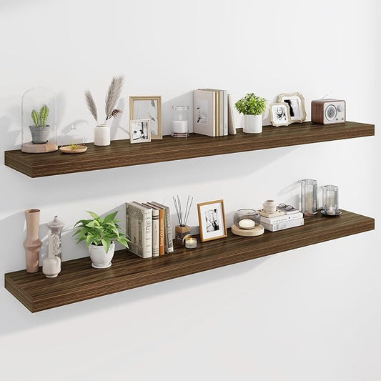 Marsmiles 72" Floating Shelves for Wall, Wooden Shelves with Invisible Brackets Set of 2, Rustic Farmhouse Wall Mounted Shelf for Kitchen Bathroom Living Room Study, Walnut