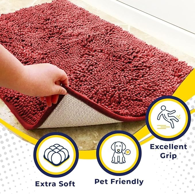 Muddy Mat® 4-Piece Red Medium 30"X19" AS-SEEN-ON-TV Highly Absorbent Microfiber Door Mat, Bath Mat and Pet Rug, Non Slip Thick Washable, Soft Chenille for Kitchen Bathroom Bedroom Indoor and Outdoor