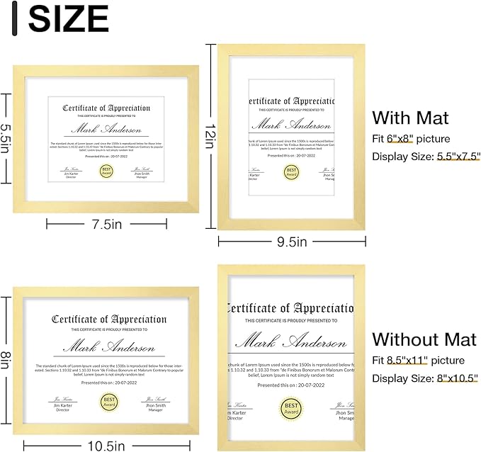 Vittanly 8.5x11 Picture Frames Set of 9, Shatter Resistant Plexiglass, Display 6x8 Pictures with Mat or 8.5x11 without Mat, Photo Frames for Wall or Tabletop, Engineered Wood, Gold