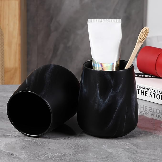 Marble Black Toothbrush Holder for Bathroom - Ceramic Tooth Brushing Holders, Toothbrush Cup, Toothpaste Organizer for Bathroom Countertop, Makeup Brush Holder, Pen Holder for Home Desktop Storage