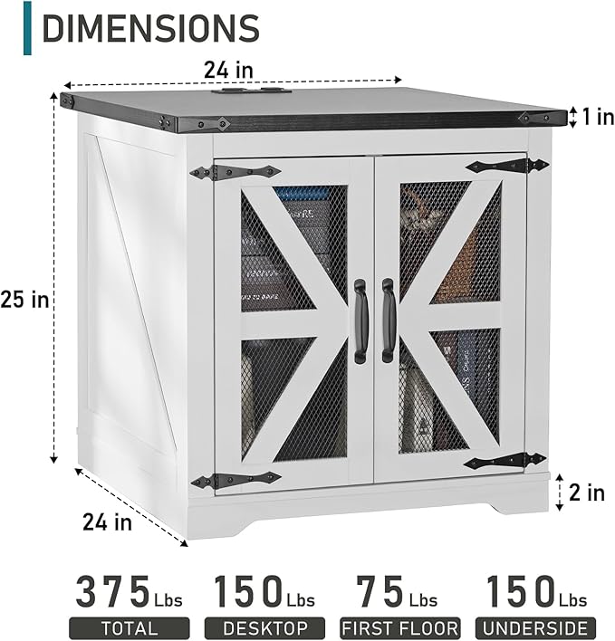 Farmhouse End Table, 24" Large Sofa Side Table with Charging Station, Mesh Barn Door, White Nightstand with Adjustable Storage Shelf, Square Nightstand for Living Room, Bedroom, Office