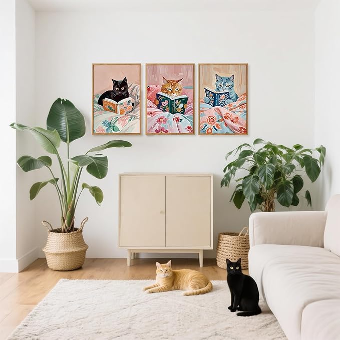 HPNIUB Framed Vintage Black Cats Canvas Wall Art, Funny Animal Reading Books Poster Printing Pictures, Pink Cute Cat Lovers Wall Decor for Girls Room Bedroom Kids Room Living Room Classroom- 16 x24 x3