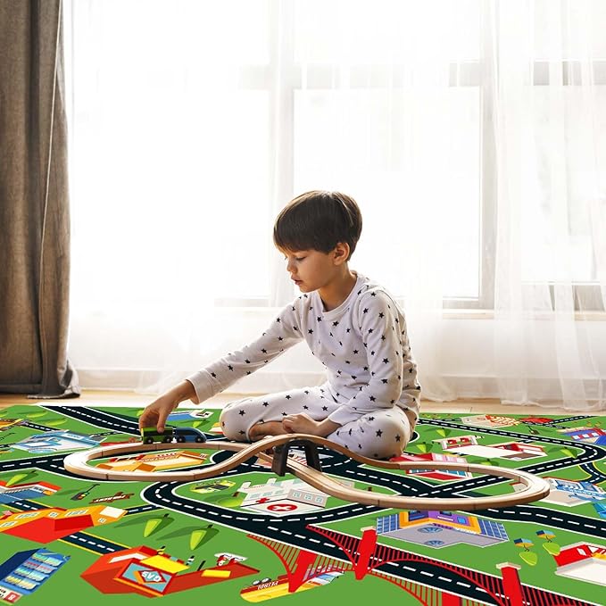 Kids Rug - Car Rugs for Kids Toy Cars Play Mat with Rubber Backing - City Life Road Rug for Fun - City Map for Carpet - Bedroom Boys (RED, 4x6ft)