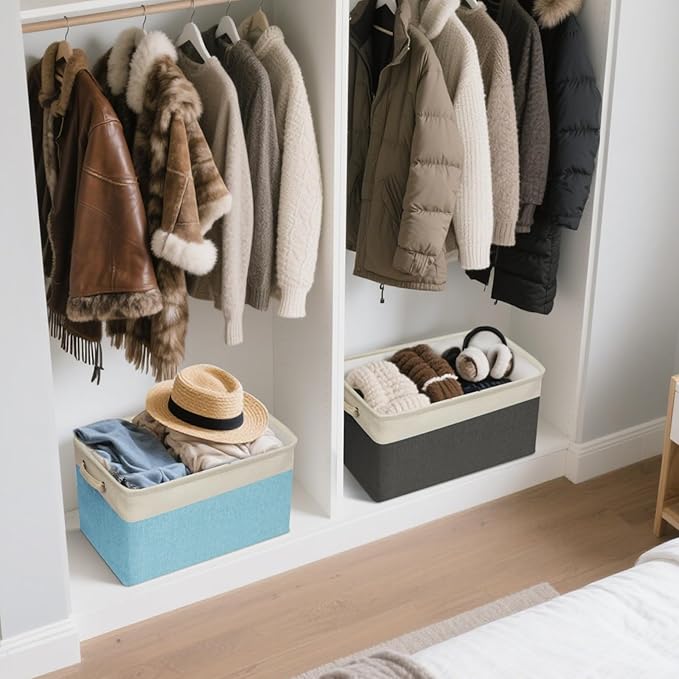 BALEINE 2 Pack Fabric Storage Bins for Shelves, Linen Storage Baskets for Organizing, Decorative Closet Bins for Clothes, Home (Green, 15''x11''x9.5'')