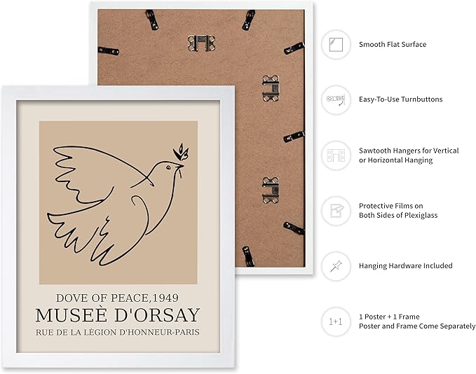 Poster Master Vintage Poster - Retro Minimalist Print - Gift for Artist, Friend - Dove Of Peace, Line Drawing, Sketch, Abstract - Wall Decor for Living Room, Bedroom, 16x20 White Framed
