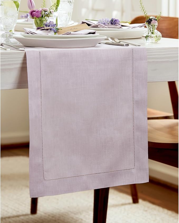 Solino Home Linen Table Runner 60 Inches - 100% Pure Linen Lilac Hemstitch Table Runner 14 x 60 Inch Ideal for Dresser and Coffee Tables - Classic Hemstitch