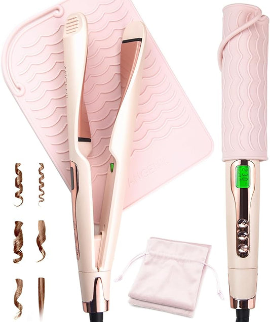 ANGENIL Pro Twist Flat Iron Hair Straightener, 2 in 1 Straightener and Curling Iron for Women, Round Pink Dual Voltage Hair Straightener with Silicone Heat Resistant Mat, 20s Fast Heating, LCD Display