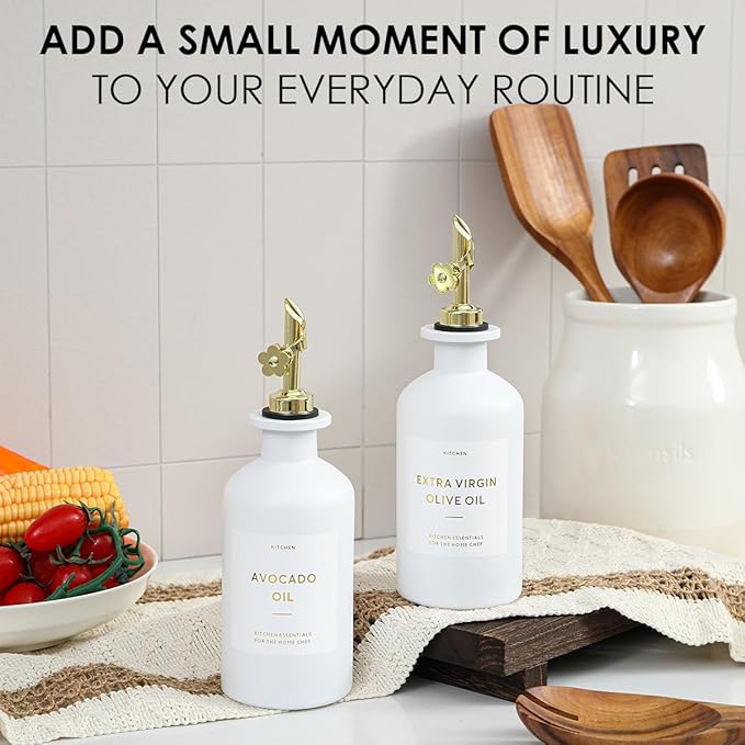 HOMCDALY Olive Oil Dispenser for Kitchen, 11.8oz Glass kitchen Dispenser Bottle, Gold Oil&Vinegar Cruet Set, Leakproof Oil Containers for Cooking| Set of 2 (11.8oz – Gold)