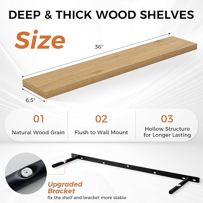 Fun Memories Floating Shelves for Wall, 36" Rustic Wood Deep Wall Mounted Shelves with Invisible Brackets for Decor & Storage, Floating Shelf for Living Room, Bathroom (Oak, Set of 2)