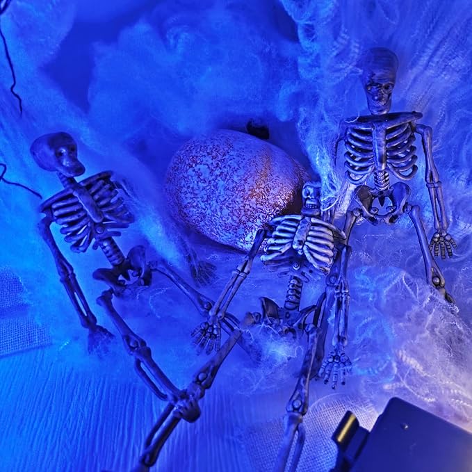 24 Pcs mini skeleton halloween decoration With hemp rope，6”small plastic posable halloween tiny skeleton figurines decor for Halloween Indoor Outdoor Graveyard Decor Haunted House Party Favors