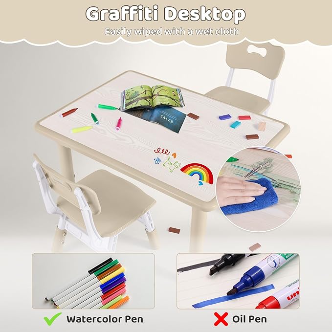 Kids Table and 2 Chairs Set, Height Adjustable (17.7"-26.1") Toddler Table and Chair Set, Multi-Activity Table with Graffiti Desktop, Children’s Table and Chairs for Classroom, Home & Daycare