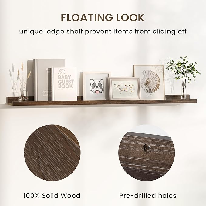 Floating Shelves for Wall, Picture Ledge Shelf 24 Inch Solid Wood Set of 2, Rustic Wall Shelves with Lip, Kids Bookshelf, Photo & Picture Live Edge Floating Shelves for Bedroom, Living Room, Kitchen