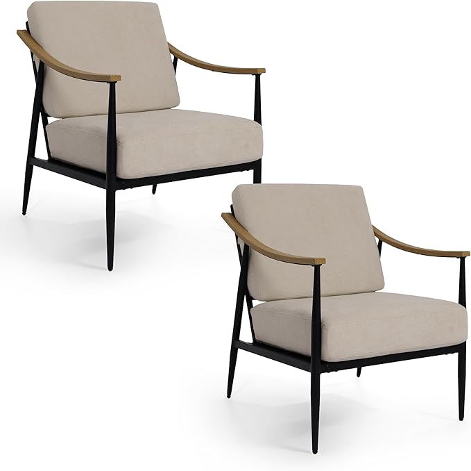 Modern Accent Chairs Set of 2 for Living Room Bedroom Mid Century Arm Chairs Upholstered Office Accent Chairs Comfy Waiting Room Chairs with Metal Frame, Beige