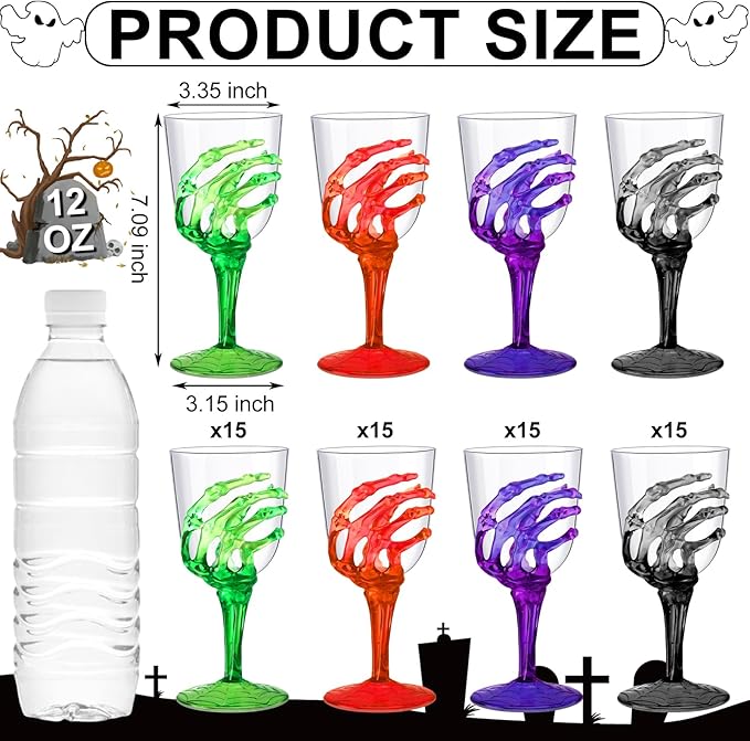 Yungyan 60 Pcs Halloween Skeleton Hand Plastic Goblets Set 12 oz Spooky Skeleton Hand Goblets Halloween Clear Cups Wine Glasses Creepy Champagne Decorations for Party Haunted House 4 Color