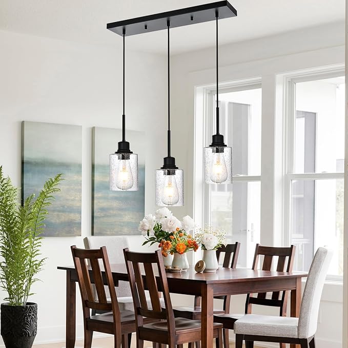 Modern 3-Light Pendant Island Light Fixture Black Ceiling Hanging Lights with Clear Seeded Glass and Adjustable Cord,Industrial Pendant Lighting for Kitchen Living Room Dining Room Foyer
