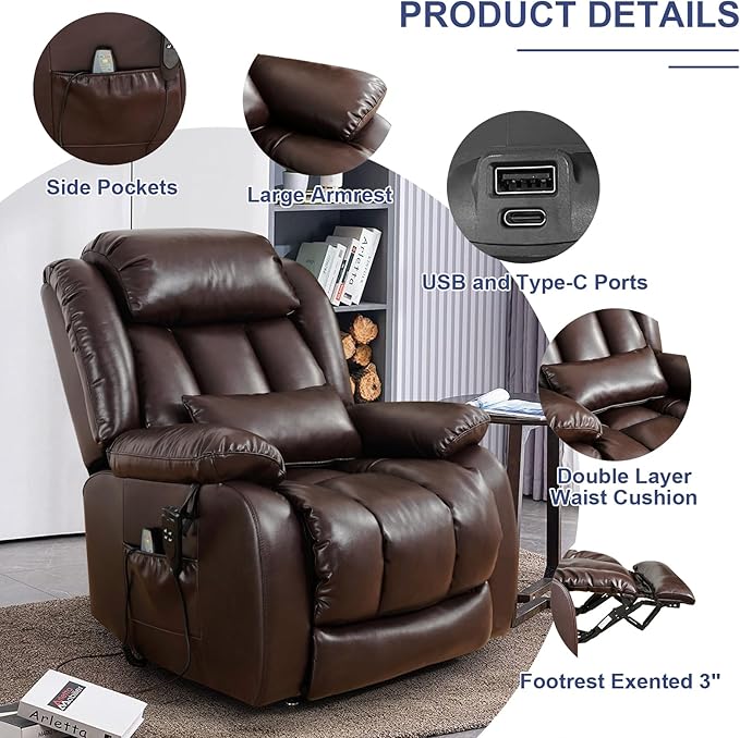 MAEVIS Large Genuine Leather Lift Chairs, Dual Motor Lift Chiars Recliner for Elderly,Extended Footrest and Lumbar Pillow for Tall Man,with Heat and Massage, USB and Type-C Ports(Brown)