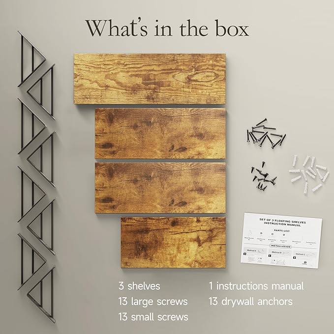 BAYKA Wall Shelves for Bedroom Decor, Floating Wall Shelves for Living Room Kitchen Storage, Wall Mounted Rustic Wood Floating Shelves for Kids Books, Corner Shelf for Bathroom(Rustic Brown，Set of 4)