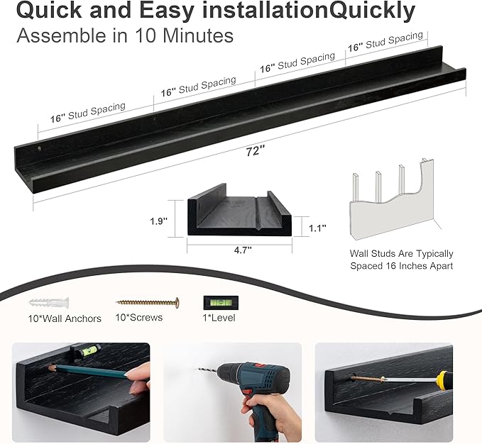 Floating Picture Ledge Shelves 72 Inch Solid Oak Wood Set of 2, Rustic Wall Storage Shelves with Lip, Kids Bookshelf, Photo & Picture Ledge Shelves for Bedroom, Living Room, Kitchen