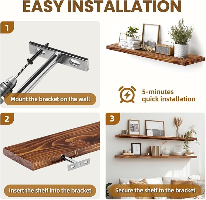 Floating Wall Shelves 2-Pack - 36-Inch Rustic Brown Wooden Shelves for Storage and Décor, Easy Installation for Living Room, Bedroom, and Kitchen