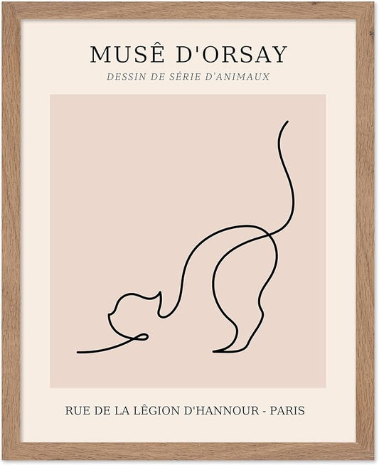 Poster Master Vintage Poster - Retro One Line Cat Drawing Print - Cat Art - Minimal Gift for Men, Women, Animal Lover - Abstract Wall Decor for Home, Office, Bedroom, 8x10 Beige Framed
