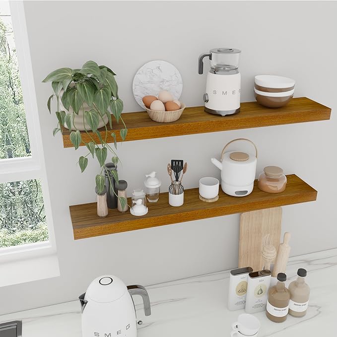 IAE Walnut Floating Wall Shelves 36 inch, Bathroom Shelves Wall Mounted,Invisible Shelves Floating Kitchen Shelves,Wooden Wall Shelves with Brackets for Living Room Wall Mounted,Easy Install,Set of 2