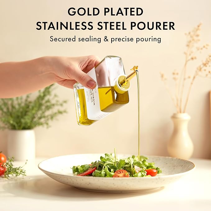 Glass Olive Oil Dispenser Bottle Set [4x12oz]: 36 Premium Gold Labels, Oil Dispenser for kitchen, Vinegar Bottle Set, Glass Dispensers for Soy Sauce, Syrup Bottles | Set of 4