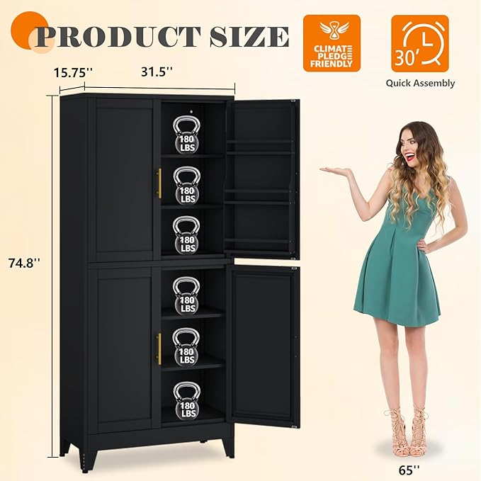 74.8" Tall Metal Food Cabinet, Black Kitchen Pantry Cabinet, Storage Cabinets with 4 Door and 4 Adjustable Shelves, Steel Freestanding Cupboard for Kitchen Dining Room Living Room Bathroom