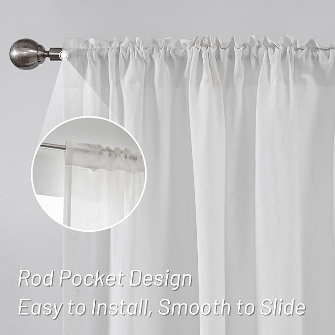 MYSKY HOME White Linen Curtains for Living Room, 100% Linen Natural Semi Sheer Curtains & Drapes 84 inches Length 2 Panels Farmhouse Country Light Filtering Bedroom Window Rod Pocket, 50" Wide, White