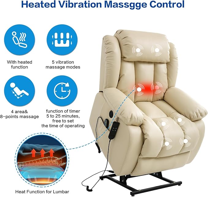 MAEVIS Power Recliner Chair, Lay Flat Sleeping Lift Chairs Recliner for Elderly with Heat and Massage,Comfy Real Breathable Leather Recliners with Dual OKIN Motor for Living Room (Beige)