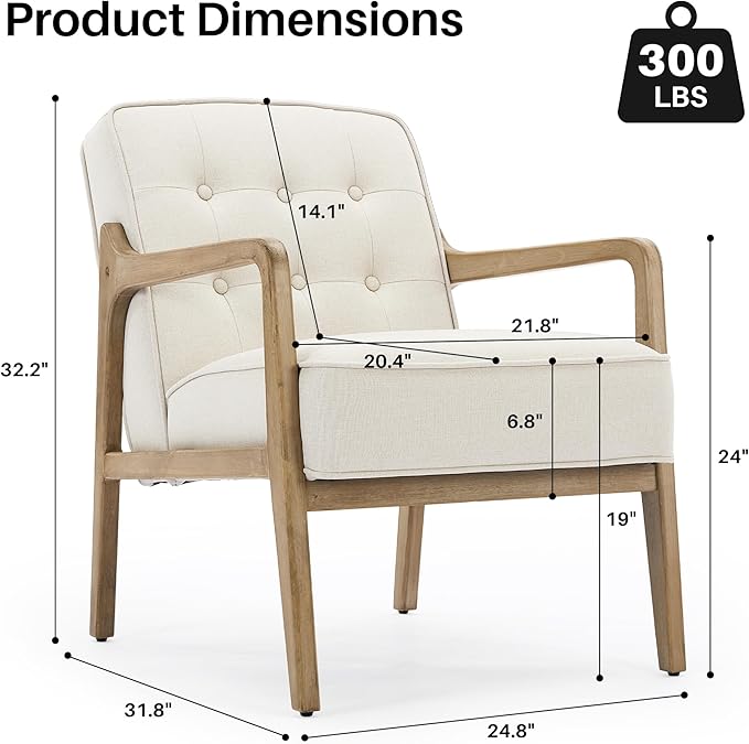 Linen Accent Chair, Mid Century Modern Chair for Living Room, Upholstered Comfy Lounge Armchair with Solid Wood Frame, Reading Side Chair for Bedroom,105°Ergonomic Comfort, White